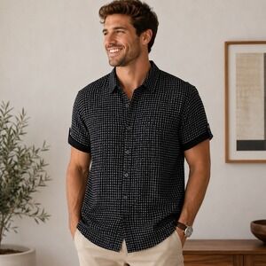 Vertical Sport Men's Black & White Print Button Up Shirt Size XXL Rolled Sleeves